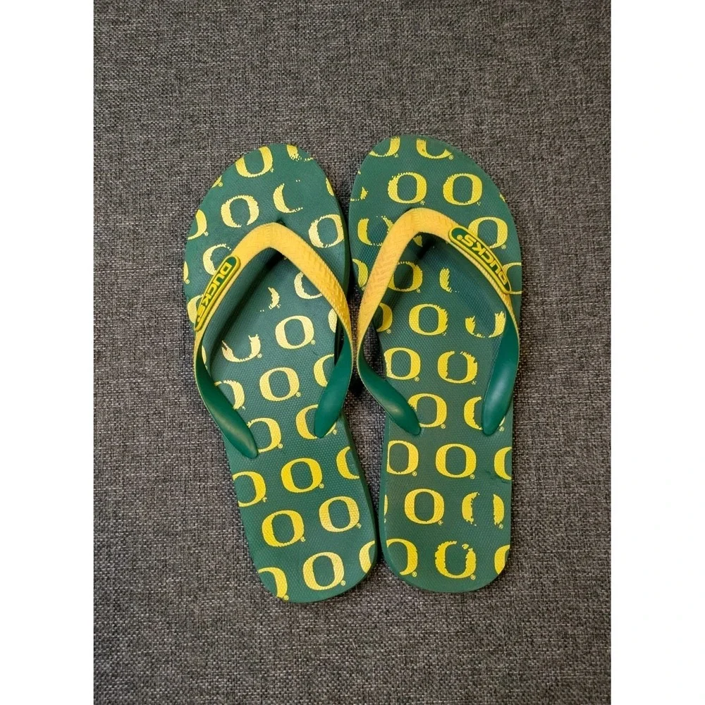 Oregon Ducks University Flip Flops Green Yellow Football Ncaa Slip On Size 8-8.5